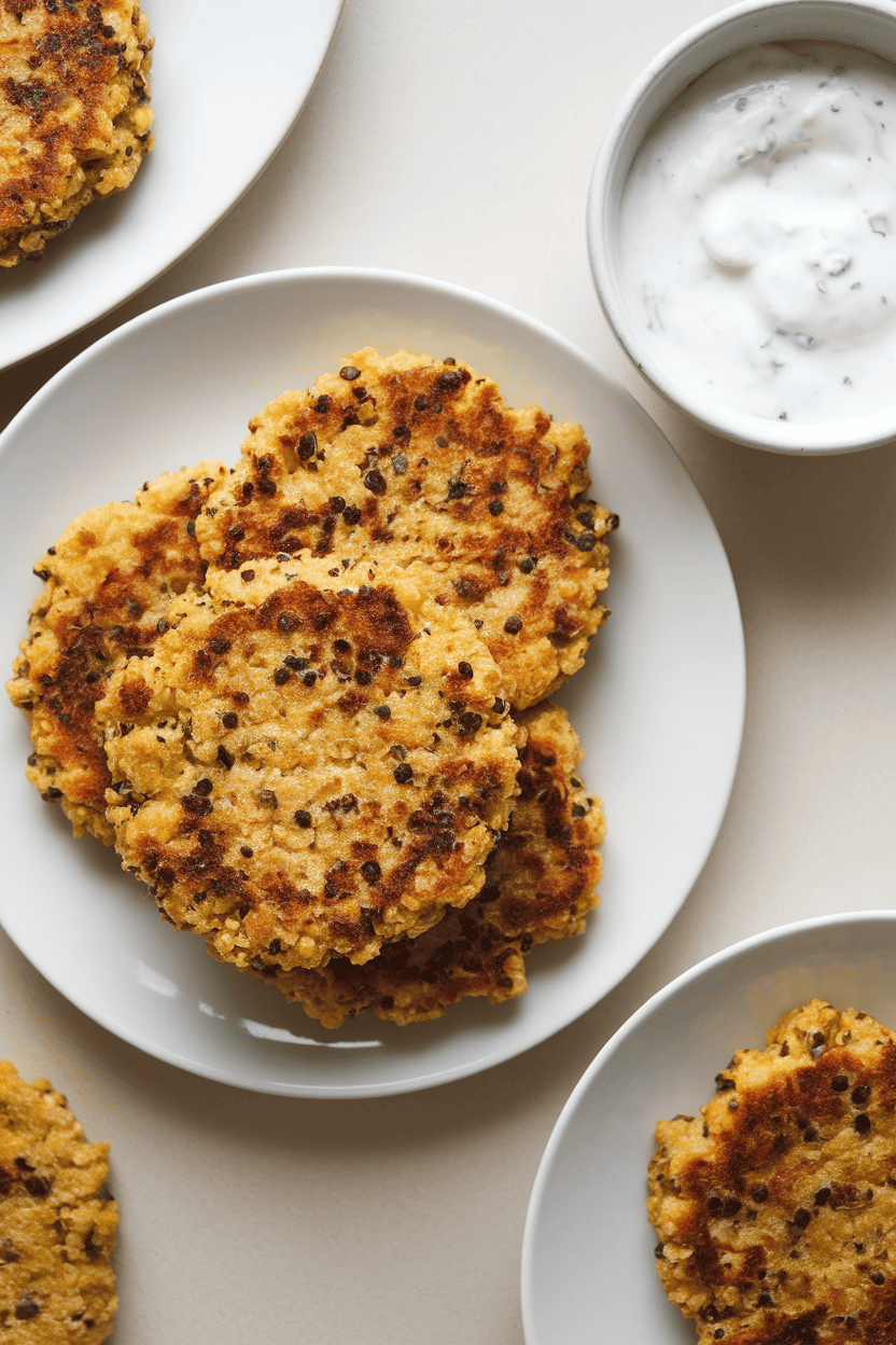 Indoor photo of golden quinoa patties stacked on a white plate with a side of yogurt dip, overhead soft lighting, no text or logos.