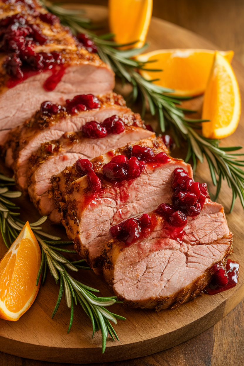 Sliced pork tenderloin topped with glossy cranberry glaze arranged on a wooden platter indoors. No text or logos. Photo.