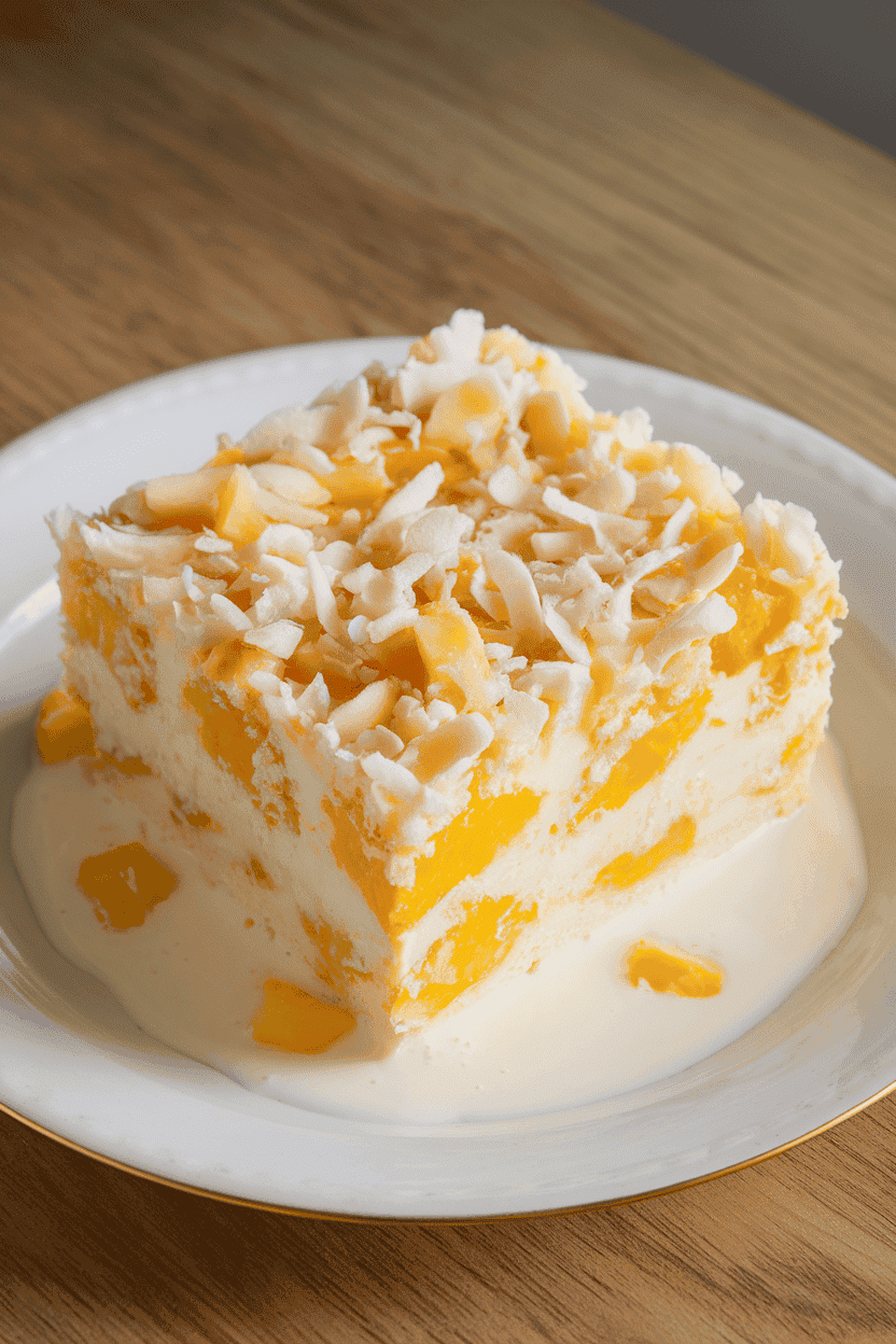 An indoor dining table featuring a square slice of coconut-topped tres leches cake with pineapple chunks visible, milk mixture pooled slightly around the base. No text or logos. Photo.