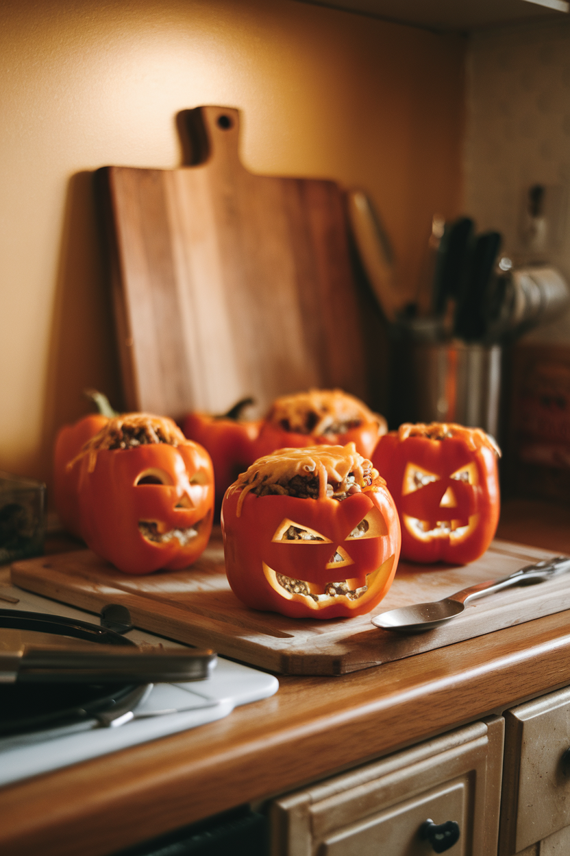 A warmly lit indoor kitchen counter displaying orange bell peppers carved with jack-o’-lantern faces, stuffed with rice and ground turkey, cheese bubbling on top. No text or logos.