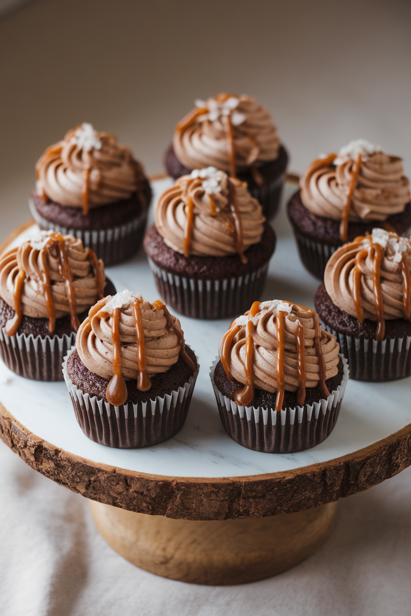 An indoor cupcake stand filled with chocolate cupcakes, swirled mocha frosting, and a drizzle of caramel plus a pinch of flaky salt. No text or logos.