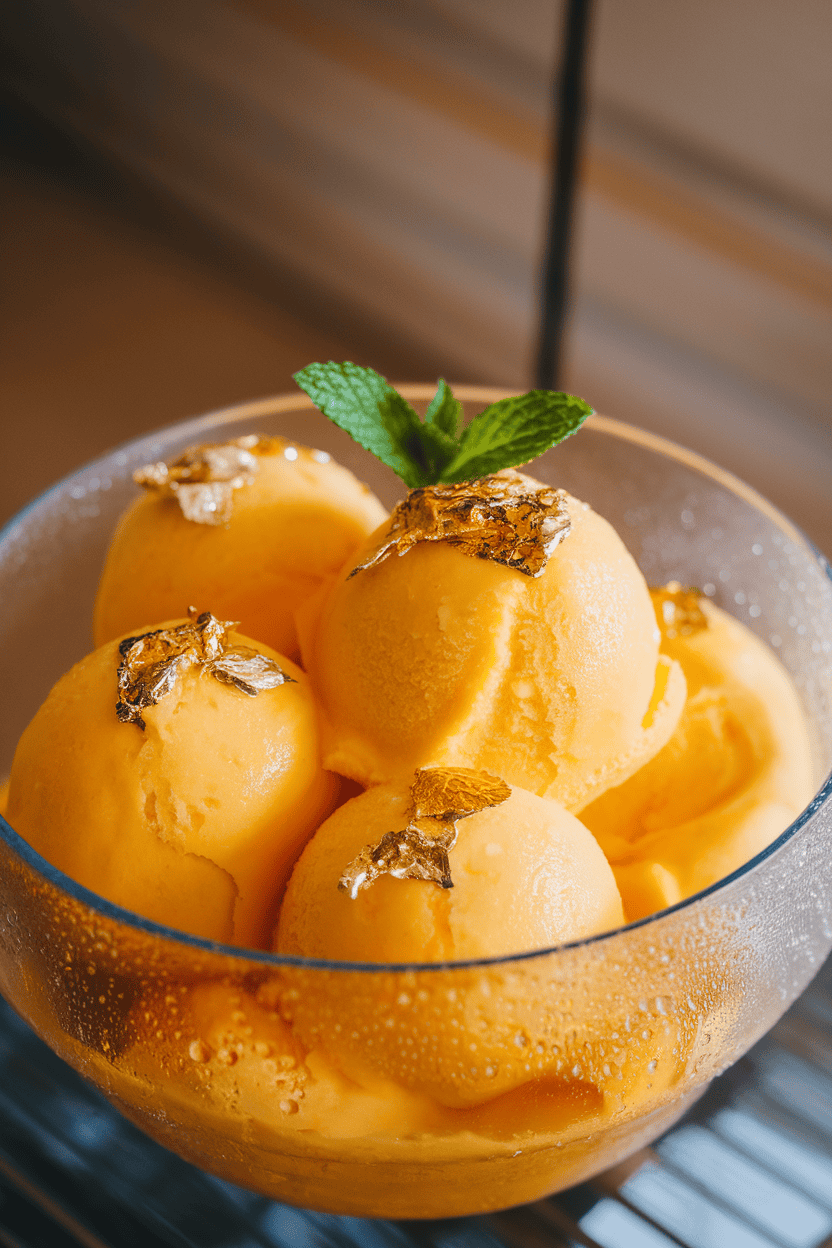 Indoor photo of scoops of vibrant orange mango sorbet in a chilled bowl, condensation visible, no text or logos