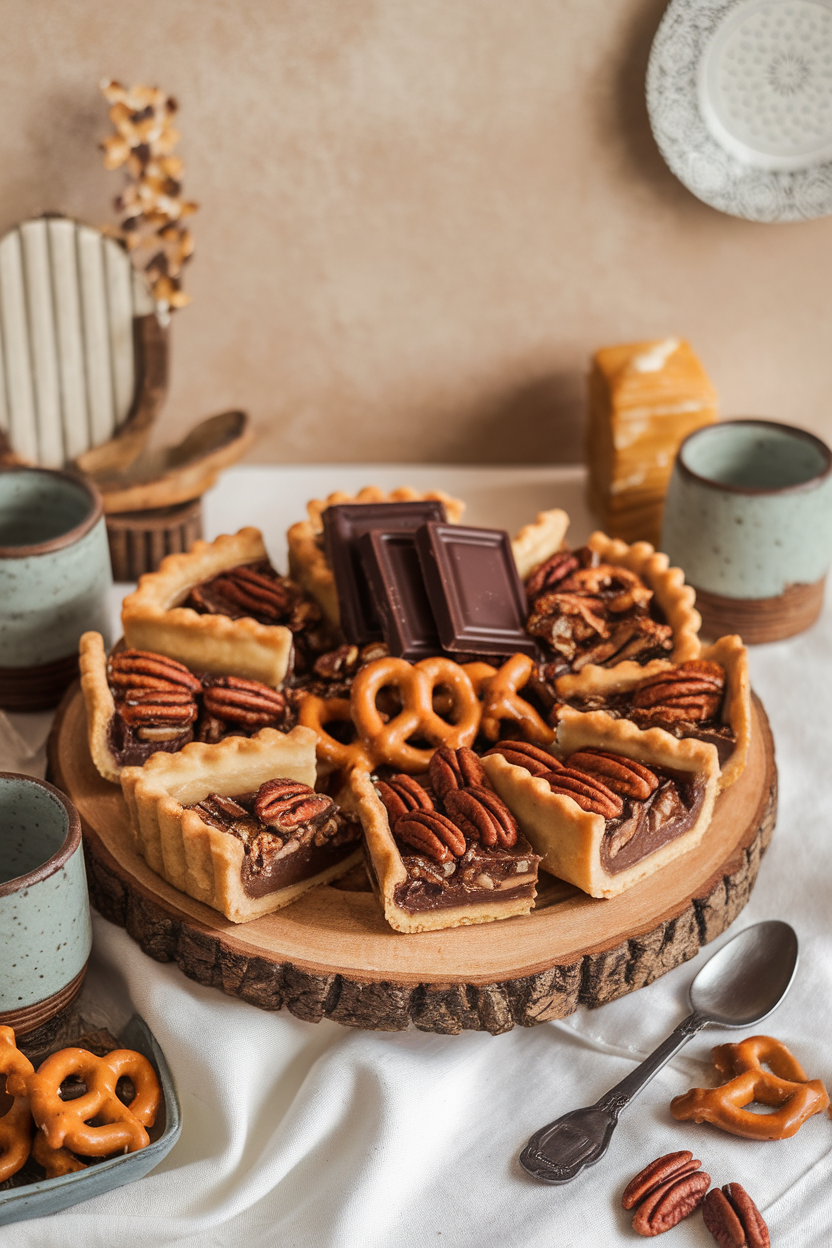 Indoor dessert table with a wooden platter loaded with mini pecan pie slices, dark chocolate squares, caramel-drizzled pretzels, and toasted pecan halves. No text or logos. Photo only.