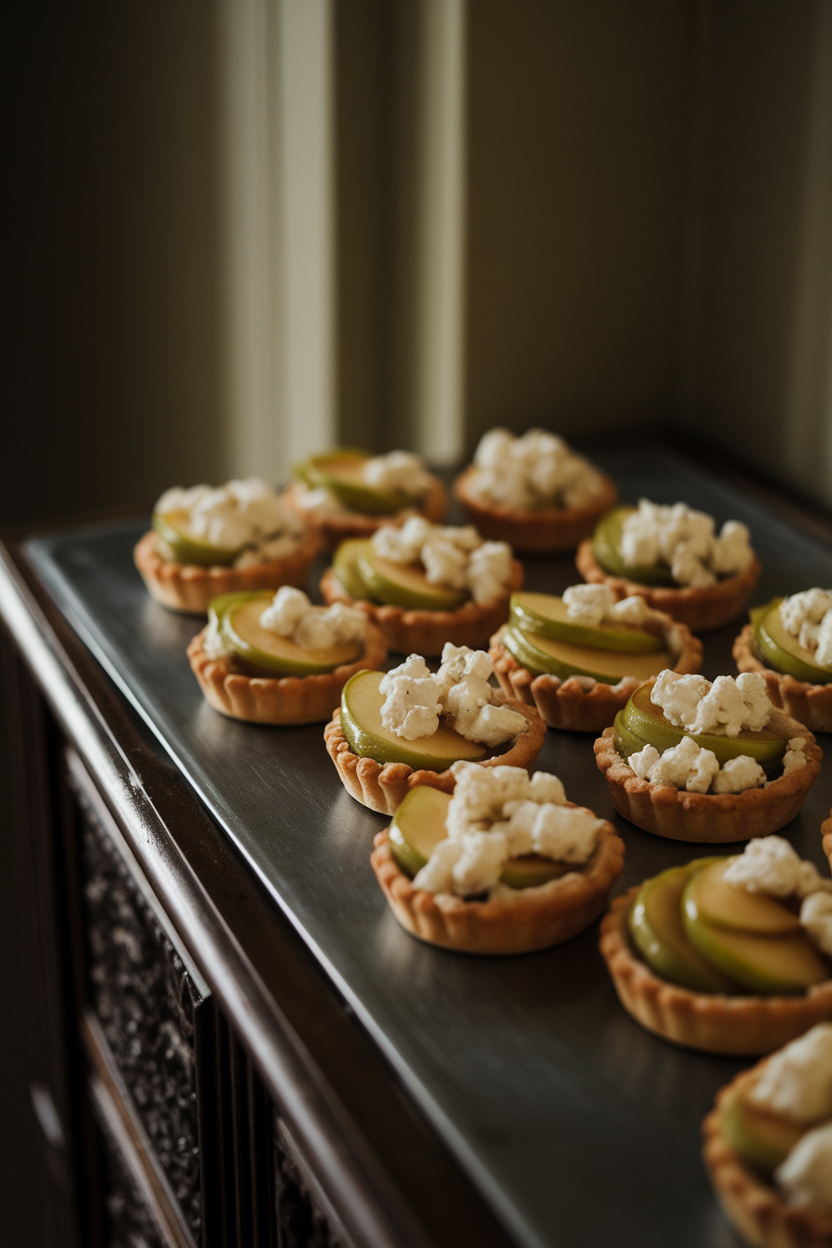 A dimly lit indoor sideboard displaying mini puff-pastry tartlets topped with caramelized apple slices and crumbled goat cheese, a faint green glaze brushed on the apples. No text or logos. Photo, not illustration.