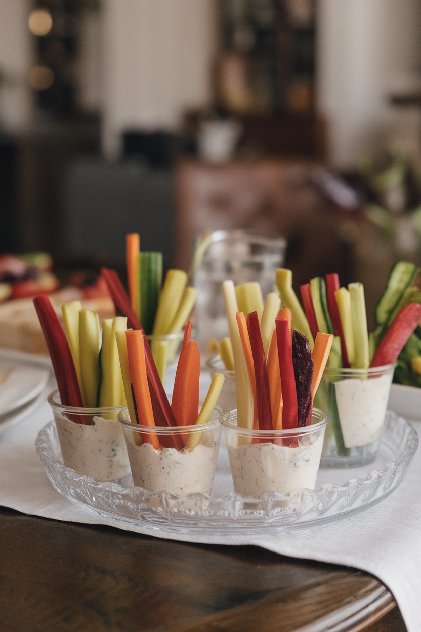 Clear cups filled with ranch dip and upright assorted veggie sticks arranged like mini skeleton rib cages on an indoor table. Photo, no text or logos.