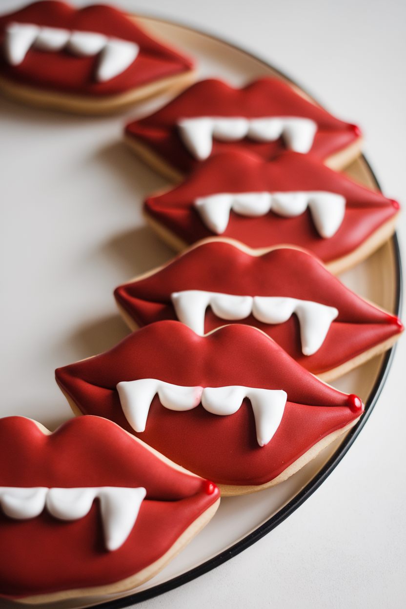 Indoor photo of lip-shaped cookies glazed red with white royal-icing fangs and a tiny dot of red “blood” at the tip, no text or logos.
