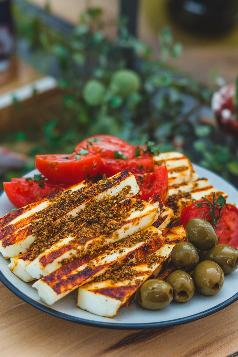 Photo, indoor plate with grilled halloumi slices dusted in za’atar, partnered with marinated tomato wedges and olives; no text or logos.