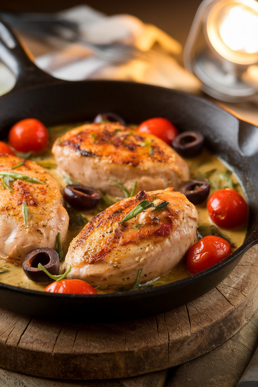 Indoor photo of skillet chicken breasts with garlic, olives, and cherry tomatoes in light sauce; rustic stovetop lighting, no text or logos