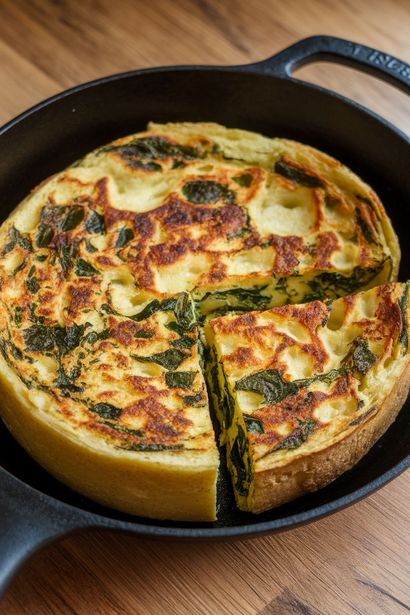 A cast-iron pan indoors holding a thick wedge-cut Spanish tortilla speckled with spinach leaves and potatoes. No text or logos.