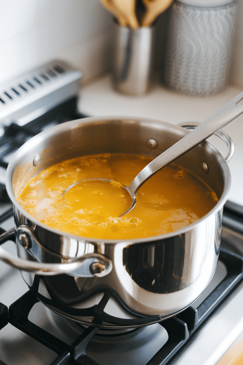 An indoor stovetop shot of a stainless pot filled with golden turmeric bone broth, ladle resting inside—no text or logos visible. Photo, not illustration.