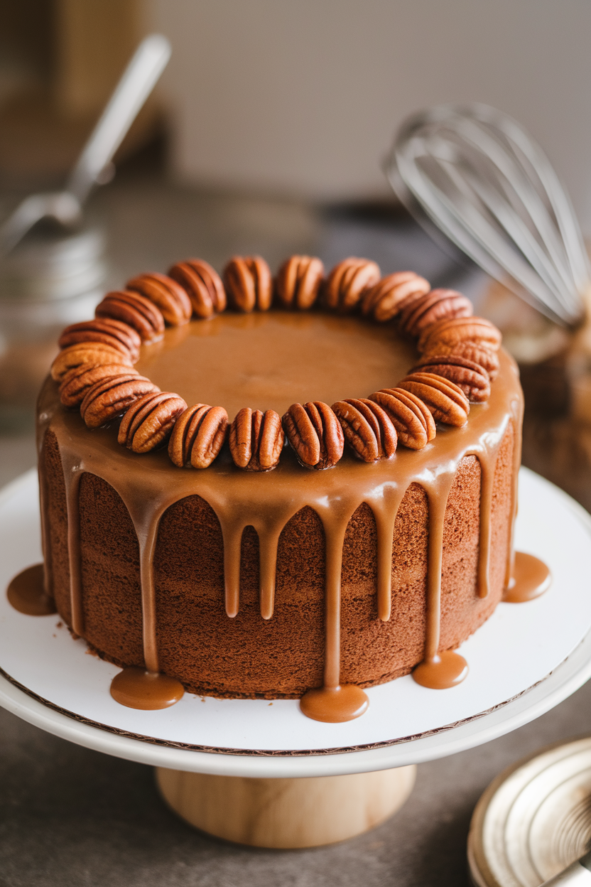 A round butter pecan cake indoors with praline glaze dripping slowly down the sides and a ring of whole toasted pecans on top. No text or logos, photo only.