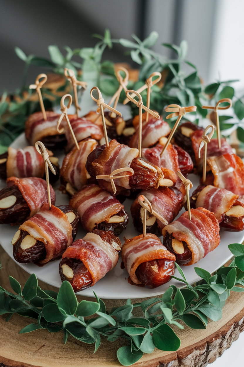 An indoor appetizer platter of bacon-wrapped dates on toothpicks, glaze shining, no text or logos. Photo.</Prompt