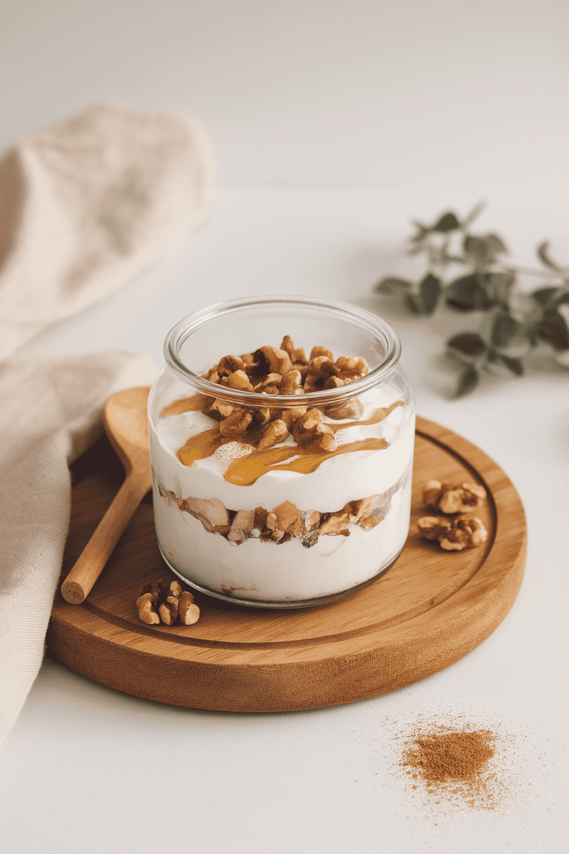 Indoor breakfast nook with a clear glass jar layered with thick Greek yogurt, drizzled honey, crushed walnuts, and a sprinkle of cinnamon. No text or logos visible. Photo, not illustration.