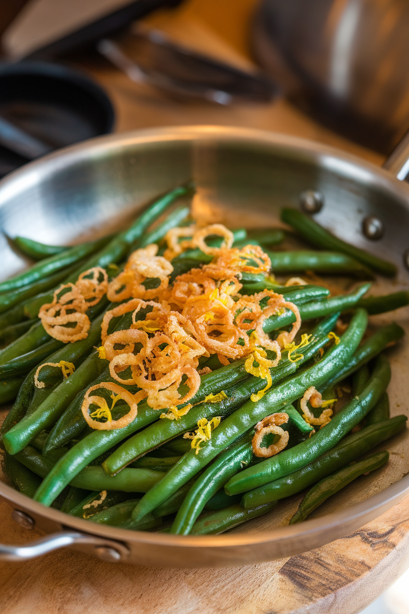 Indoor photo of bright green beans tossed with golden crispy shallot rings and lemon zest in a shallow skillet; warm lighting, no text or logos.