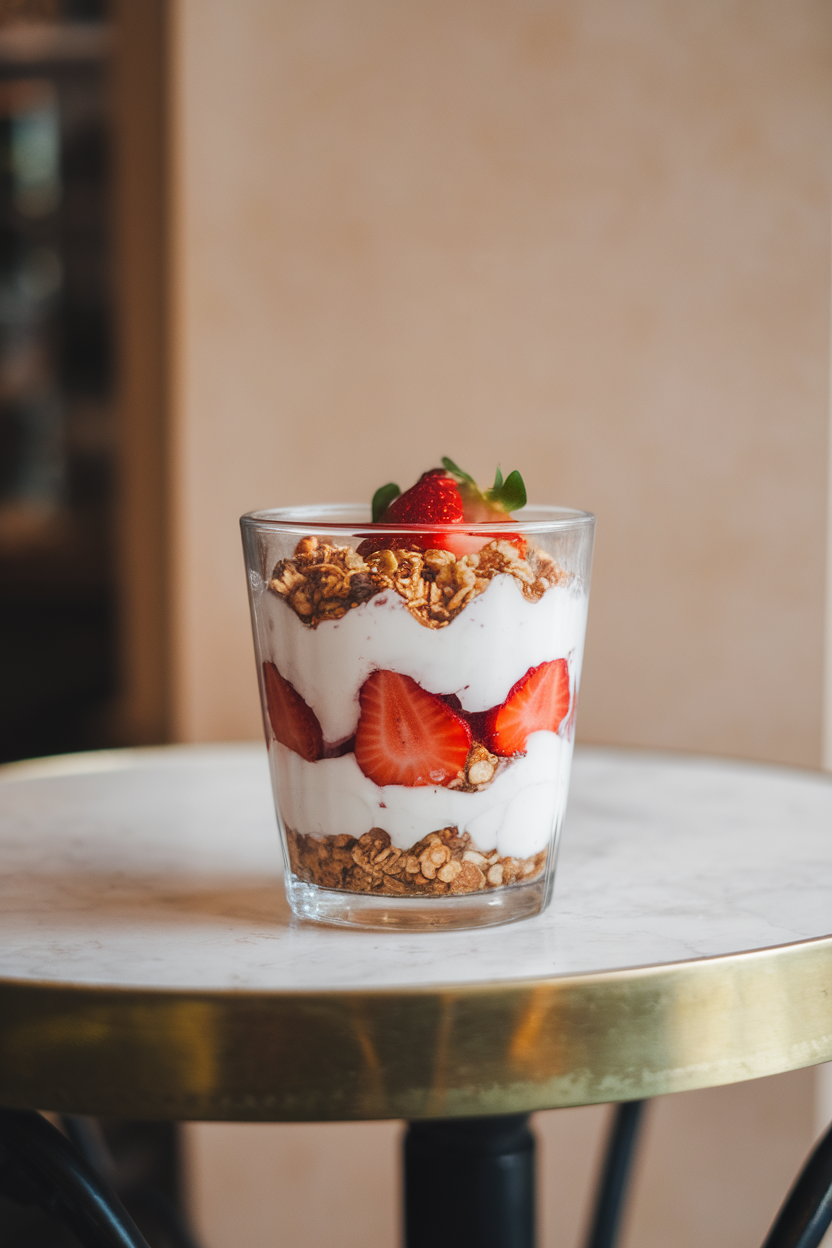 An indoor cafe-style table displaying a clear glass filled with layers of coconut yogurt, sliced strawberries, and gluten-free granola, photographed at eye level. No text or logos anywhere.