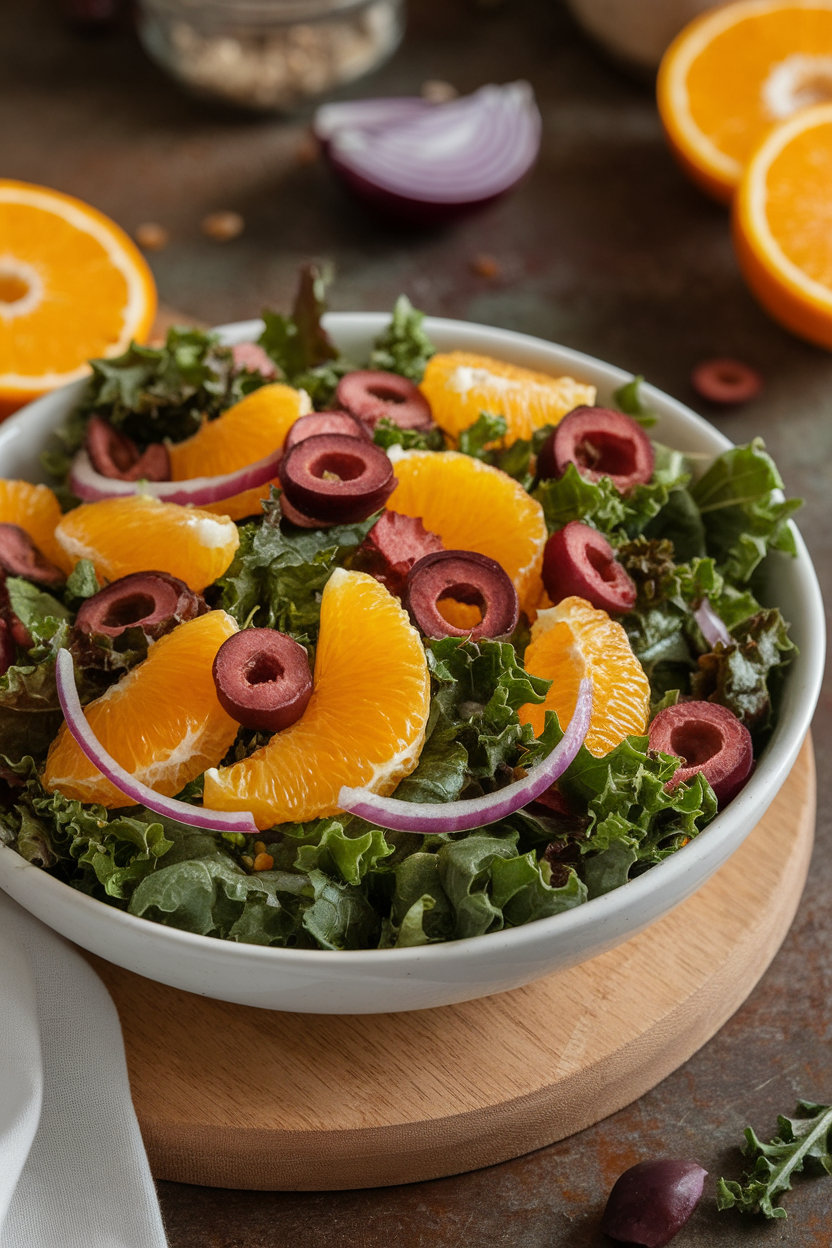 An indoor salad bowl filled with massaged kale, orange segments, sliced Kalamata olives, and red onion slivers, lightly dressed. No text or logos.