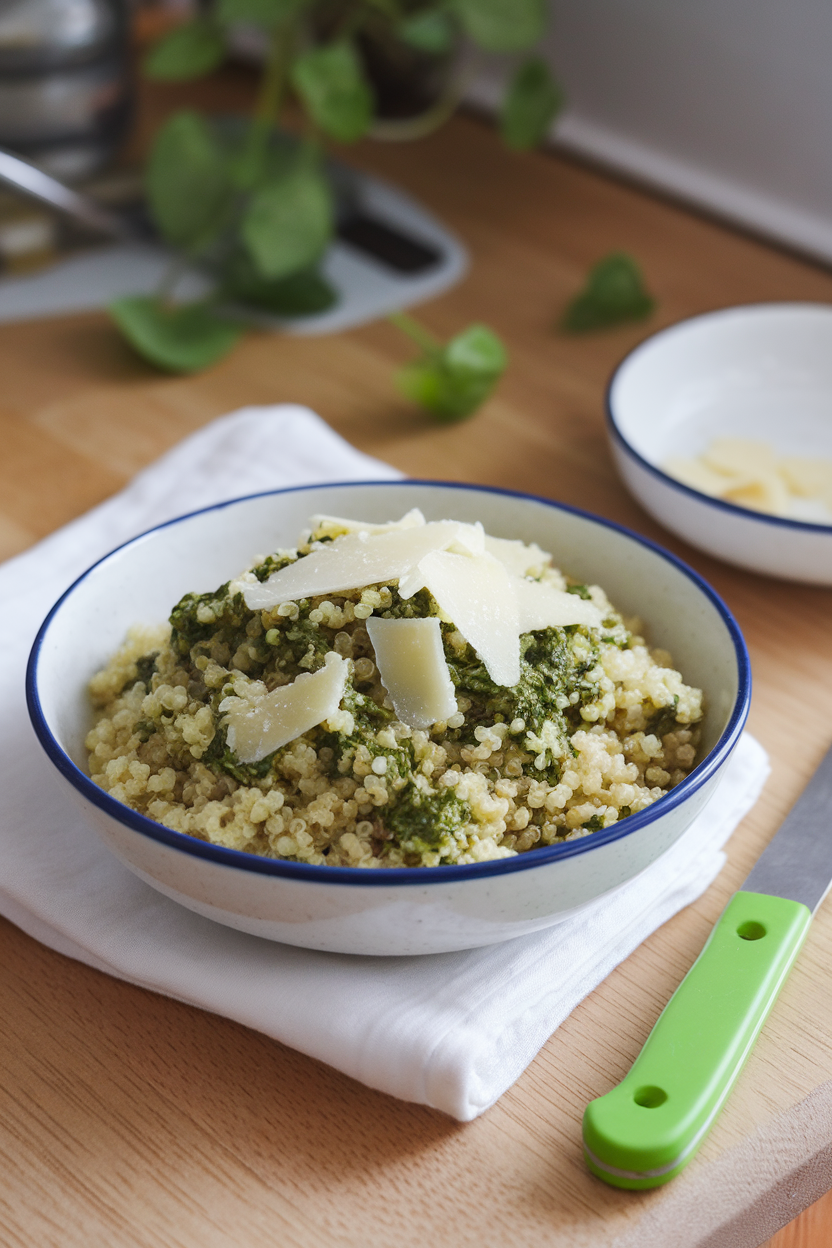 Indoor countertop showing quinoa stirred with bright green spinach pesto, topped with shaved Parmesan; no text or logos.
