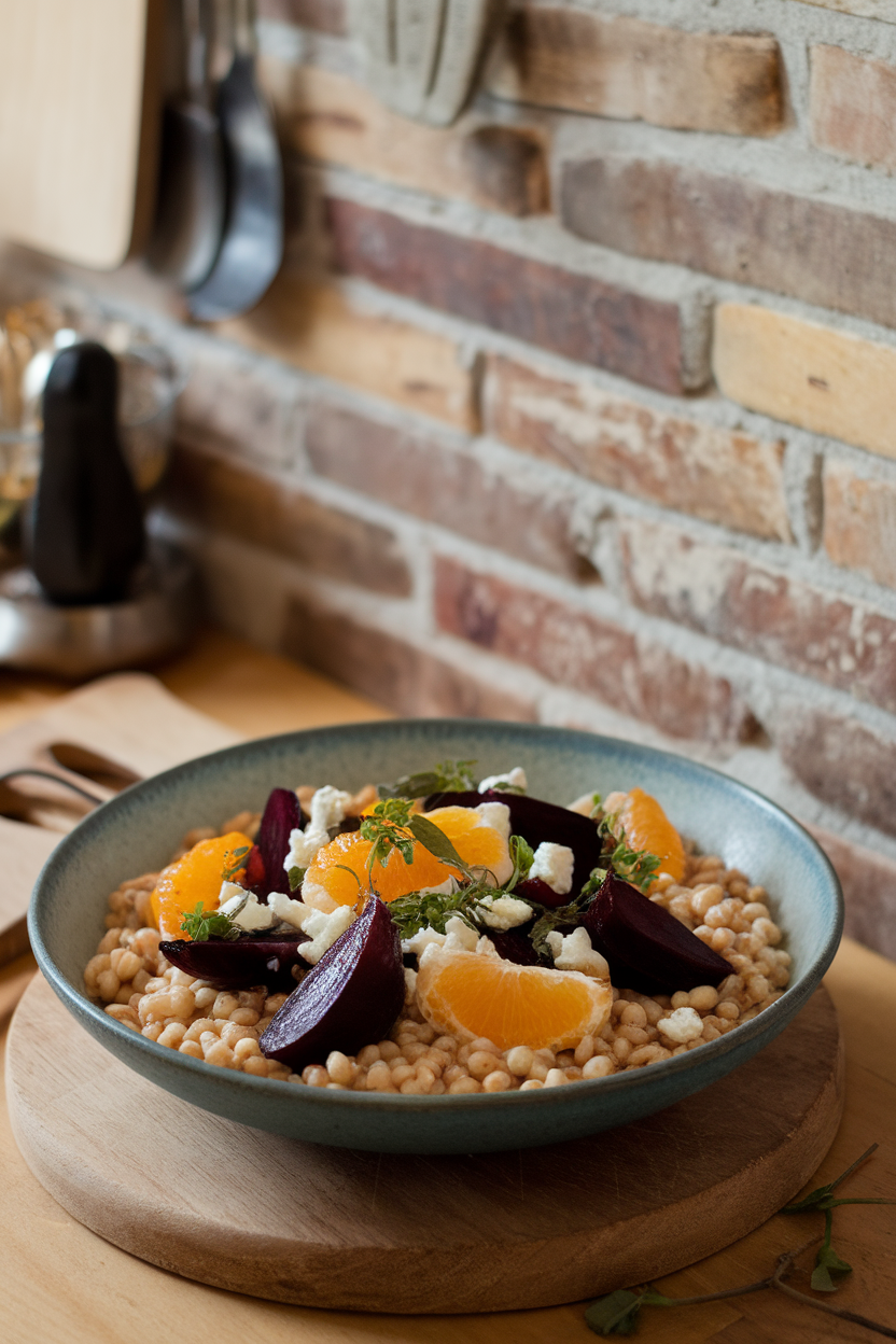 An indoor dining table featuring a wide bowl of pearl barley studded with roasted beet wedges, orange segments, and crumbled goat cheese. No text or logos; photography only.
