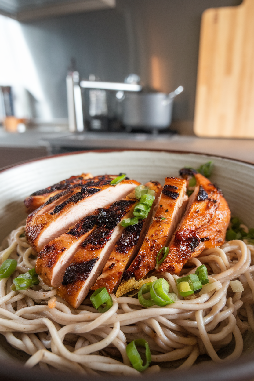 Indoor photo of miso-glazed garlic chicken breasts with charred edges, sliced over soba noodles; modern kitchen lighting, no text or logos