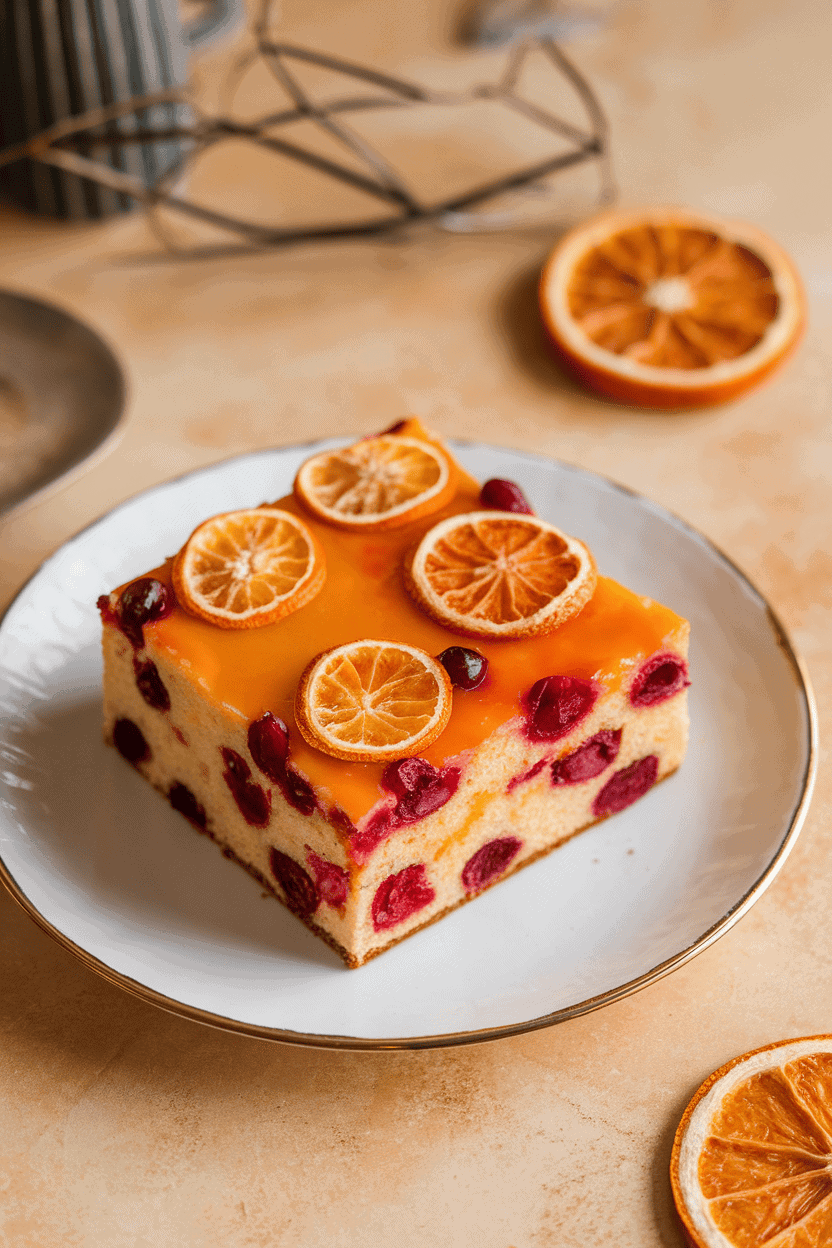 Indoor winter-white plate holding a square of orange-scented cake dotted with cranberries and finished with orange glaze. No text or logos. Photo.
