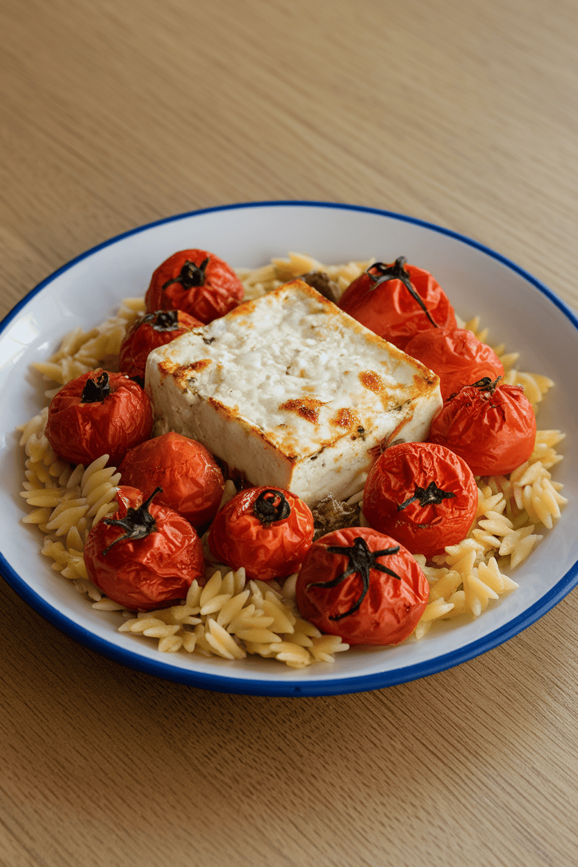 Indoor casserole pan with a block of baked feta surrounded by blistered cherry tomatoes, served over orzo on a plate. No text or logos.