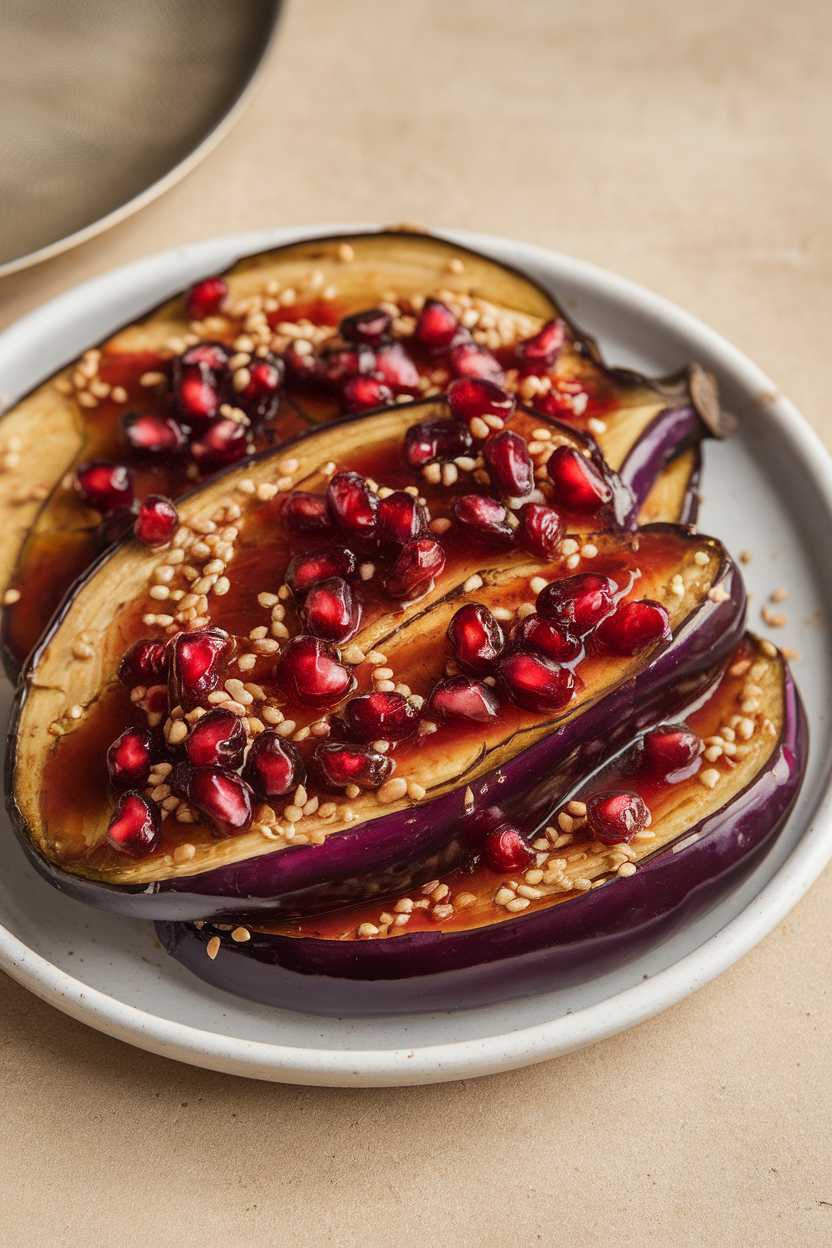 A plate indoors showcasing thick eggplant slices glazed with pomegranate molasses and sprinkled with sesame seeds. No logos or text.