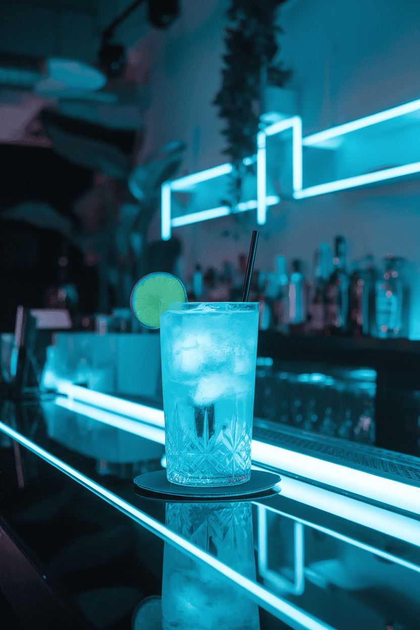 Indoor nightclub bar with highball of glowing blue gin and tonic under black-light, lime wedge perched, no logos; photo.