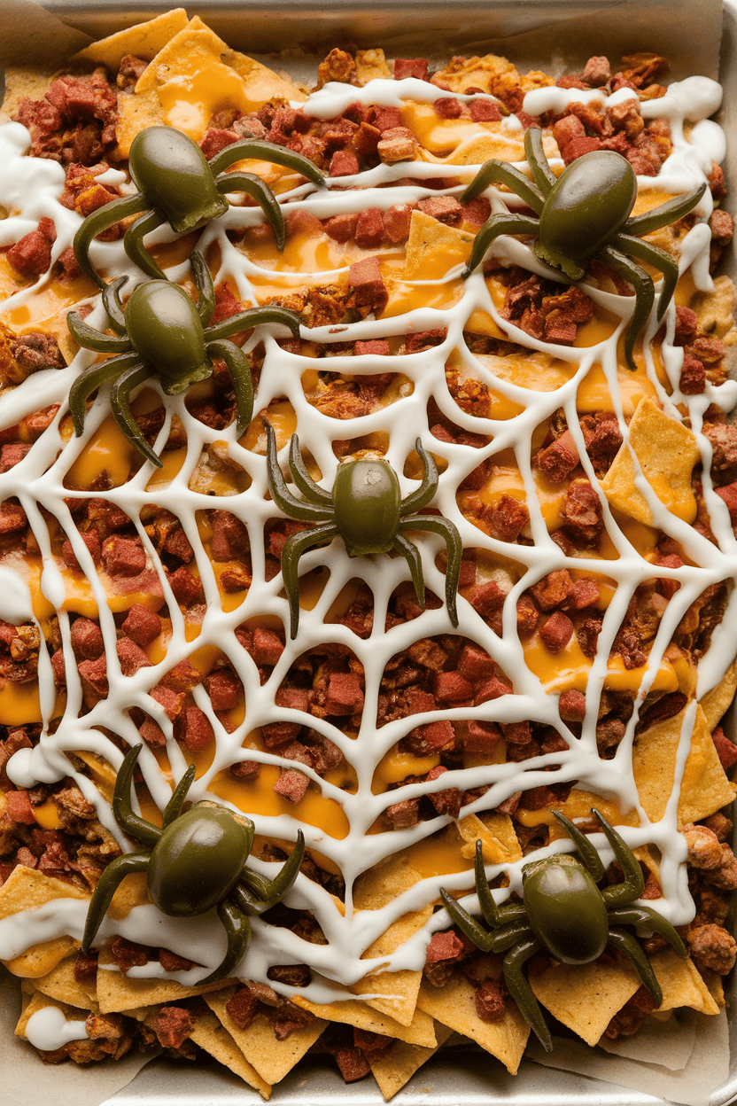 Indoor photo of sheet-pan nachos drizzled with sour-cream web, scattered with sliced jalapeños “spiders.” Overhead game-day lighting, no text or logos.