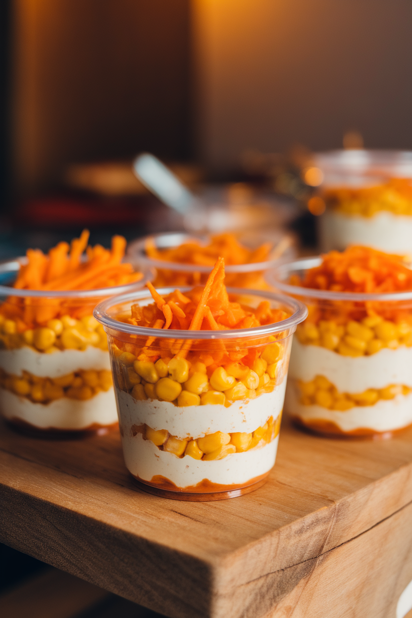 Photo of clear plastic cups layered with white queso, yellow corn, and orange cheddar shreds, indoor lighting. No text or logos.