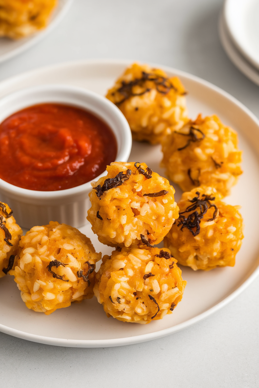 A white indoor plate featuring crispy golden risotto balls with orange butternut squash hints, marinara sauce in a small bowl beside them. No text or logos. Photo only.