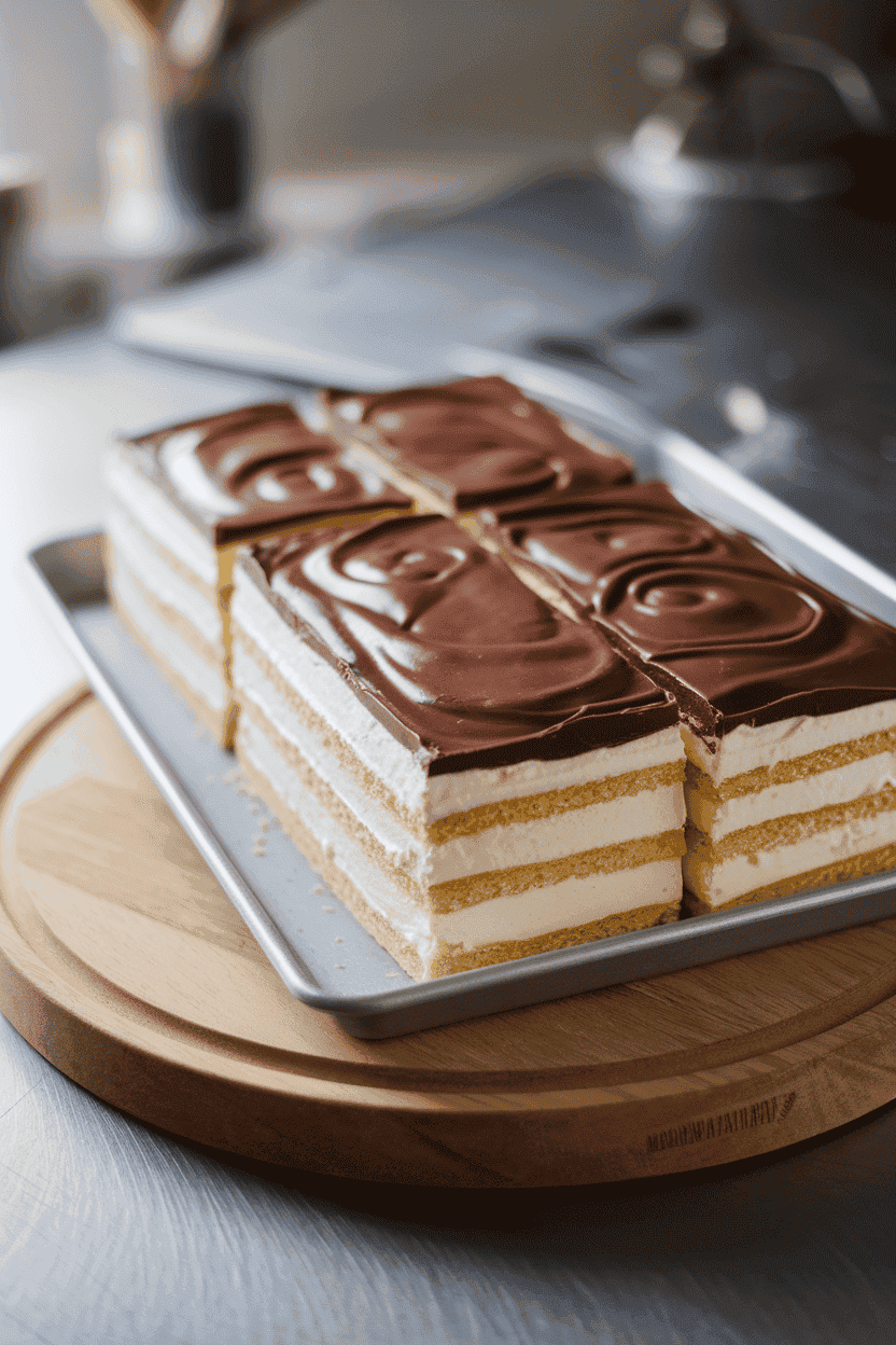 Indoor cake tray with a vanilla sheet cake split horizontally, filled with pastry cream, and topped with smooth chocolate ganache. No text or logos. Photo only.