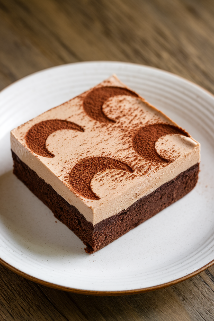 Indoor image of brownies with frothy cappuccino mousse layer and cocoa powder crescent stencils; no text or logos