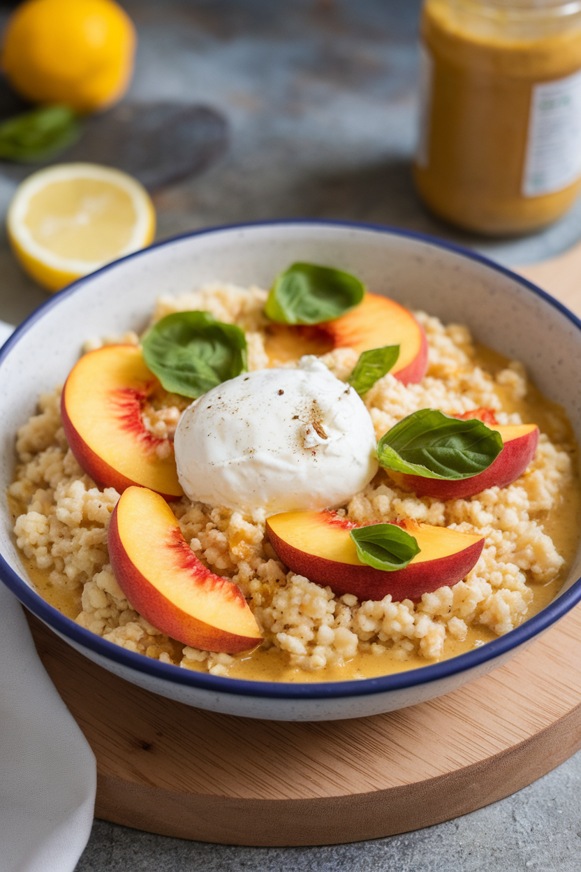 Photo, indoor bowl of fluffy couscous studded with sliced peaches, torn burrata, and fresh basil; no text or logos.