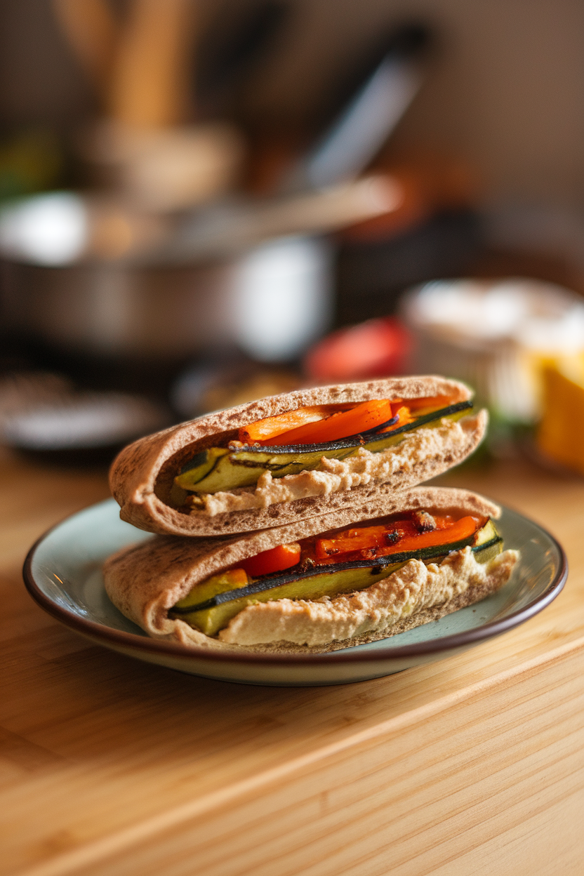 A warmly lit indoor countertop photo showing a halved whole-grain pita stuffed with grilled zucchini, bell peppers, and a generous smear of hummus on a small plate, no text or logos.