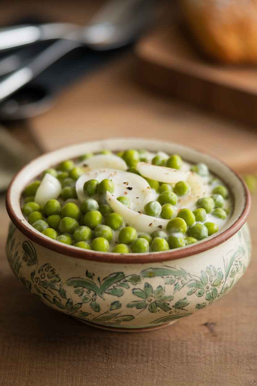 A vintage ceramic bowl indoors filled with bright peas and pearl onions in light cream sauce; no text or logos. Photo only.