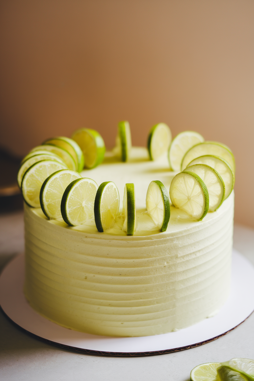 A key lime cake indoors, tinted pale green, frosted with lime-cream cheese icing and garnished with thin lime wheels along the rim. Photo only, no text or logos.