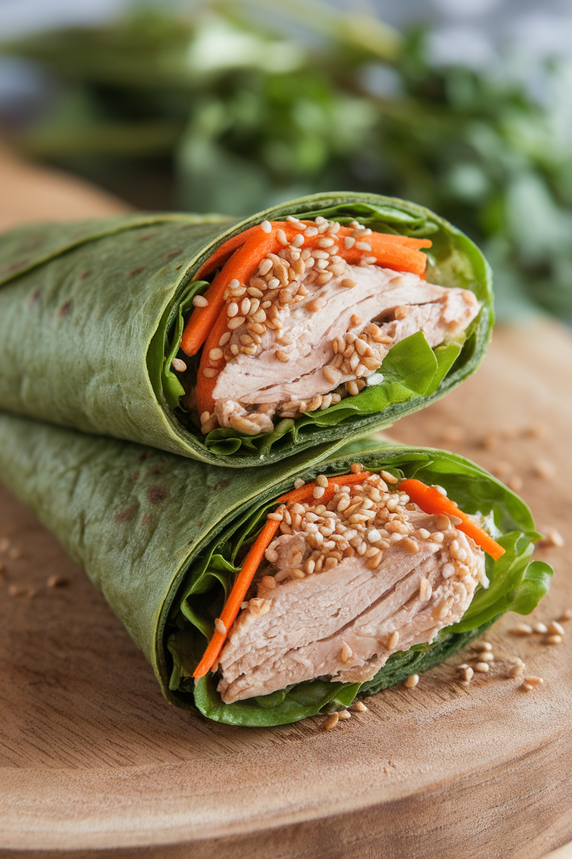 Indoor photo of a spinach tortilla wrap sliced to reveal chilled sesame chicken, lettuce, and shredded carrots inside. No text or logos.