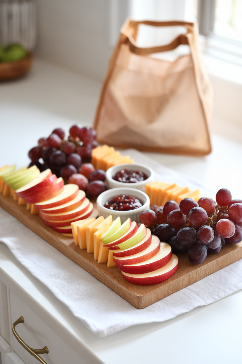A bright indoor countertop with a rectangular board featuring alternating stacks of apple slices and sharp white cheddar, tiny bowls of fig jam, and clusters of red grapes. No text or logos. Photo only.