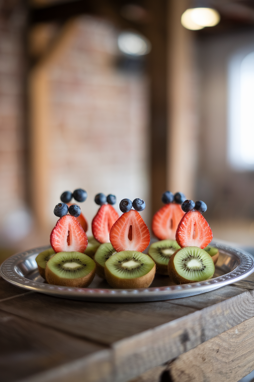 An indoor tray with kiwi slices topped by strawberry ovals, each scored to create an open “O” mouth, blueberry eyes above. No text or logos.