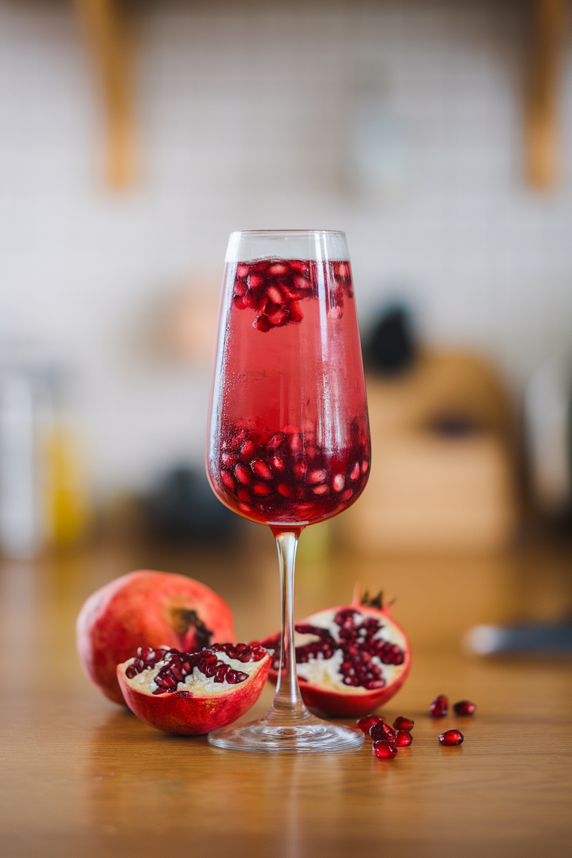 Indoor photo of a bright red pomegranate spritz with pomegranate arils settled at the bottom of a clear flute. No text or logos.