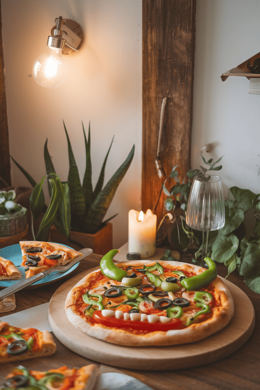 A cozy indoor scene showing a veggie-topped pizza decorated as a colorful monster face—bell-pepper horns, olive eyes, cherry-tomato teeth. No text or logos.