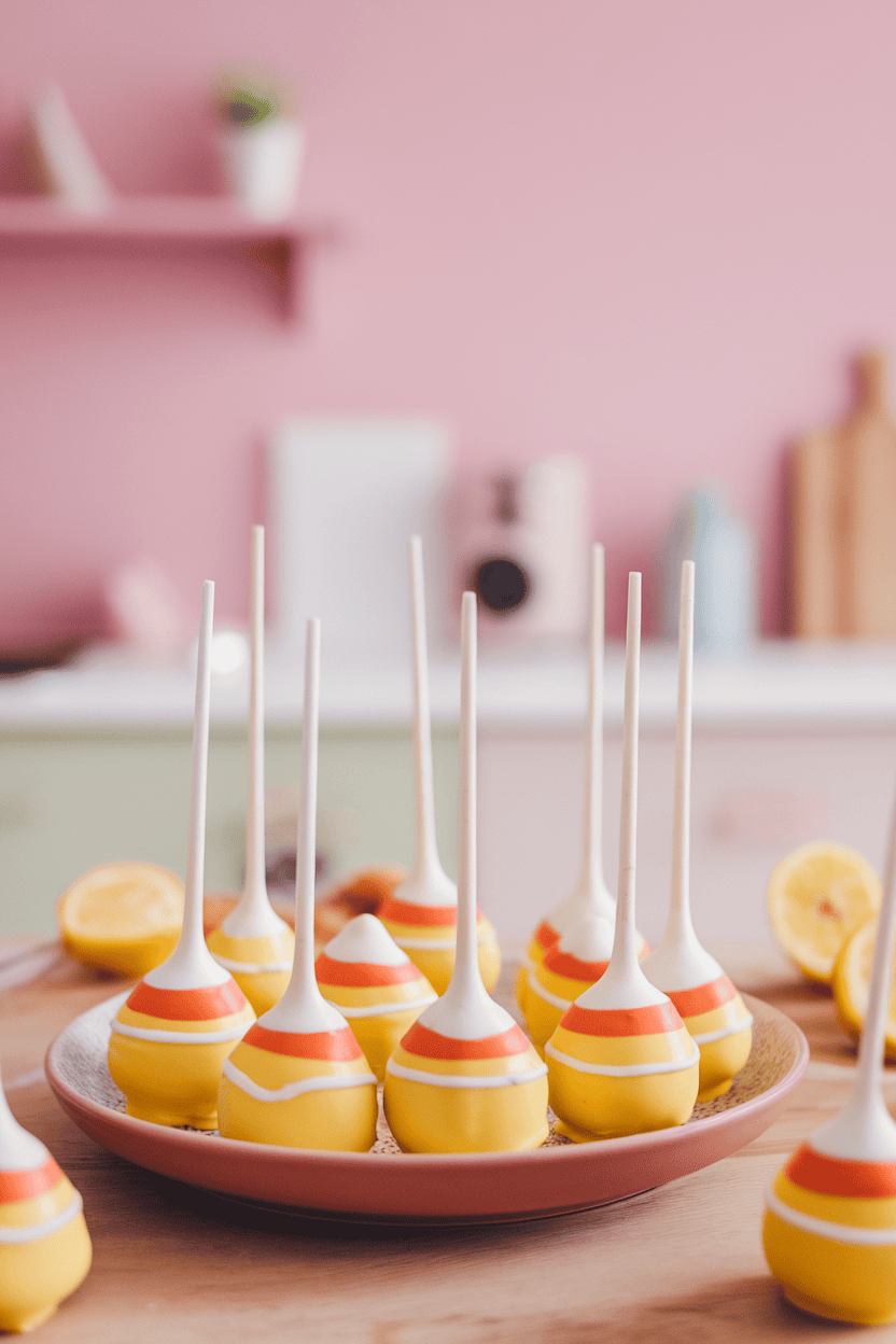 Lemon cake pops dipped in yellow, orange, and white stripes like candy corn, indoor pastel kitchen; no text or logos. Photo.