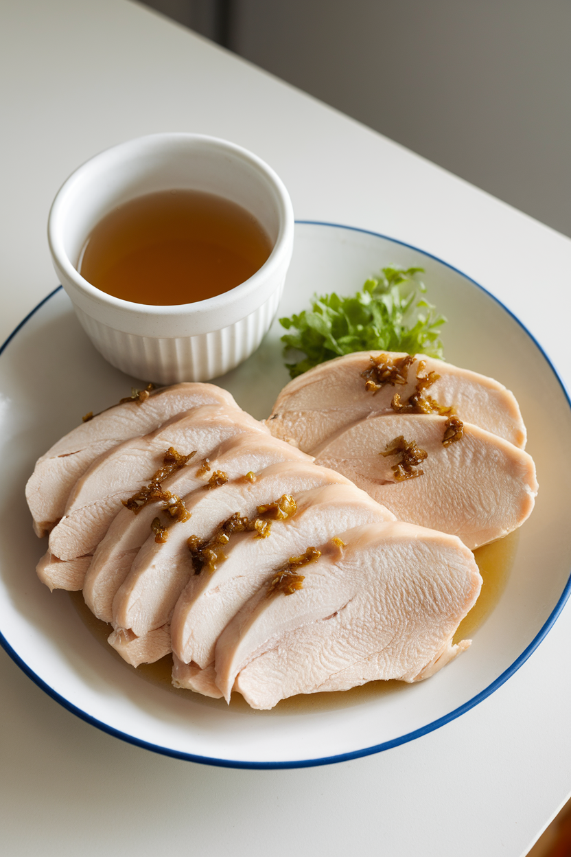Indoor plate showcasing thin slices of pale poached chicken breast with a light ginger glaze beside a small cup of broth. No text or logos; photo only.