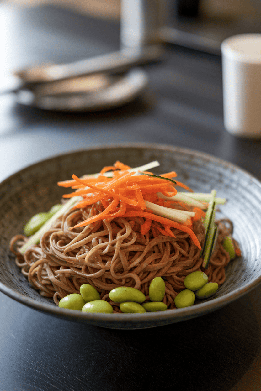 Photo of an indoor dining table with a wide, shallow bowl of buckwheat soba noodles tossed with julienned carrots, cucumbers, and edamame, all glistening with a sesame-soy dressing. No visible text or logos.