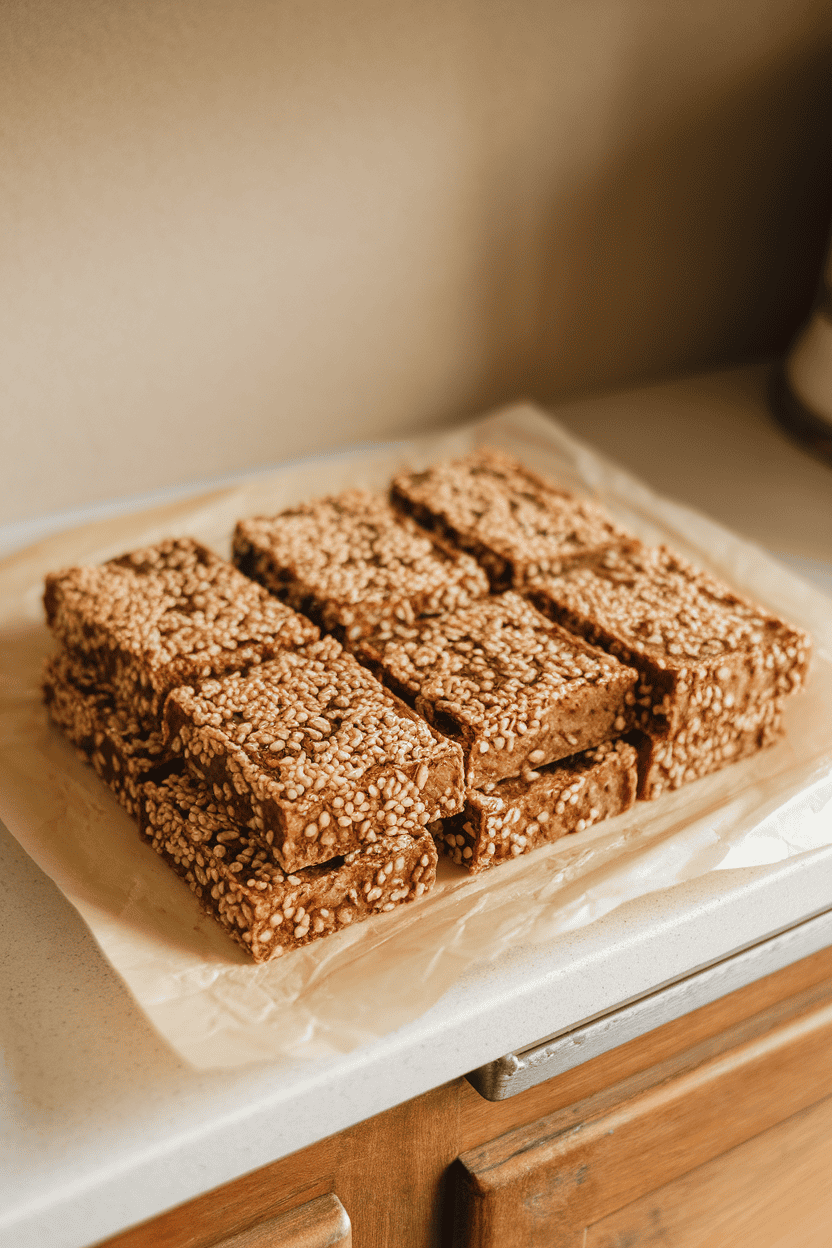 Photo of an indoor countertop displaying rectangular sesame-honey pasteli bars stacked neatly on parchment, golden sheen visible, no text or logos.