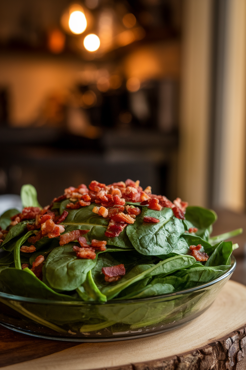 Indoor photo of baby spinach leaves lightly wilted under warm bacon vinaigrette, sprinkled with crisp bacon bits in a shallow dish; cozy kitchen lighting, no text or logos.