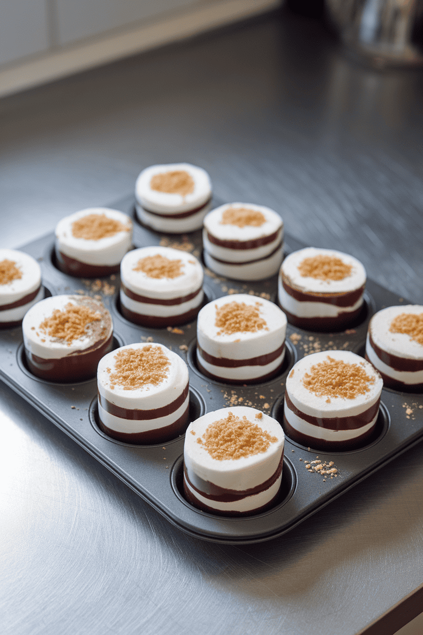 Indoor kitchen counter featuring layered chocolate and marshmallow jello shots sprinkled with graham cracker crumbs, no logos visible