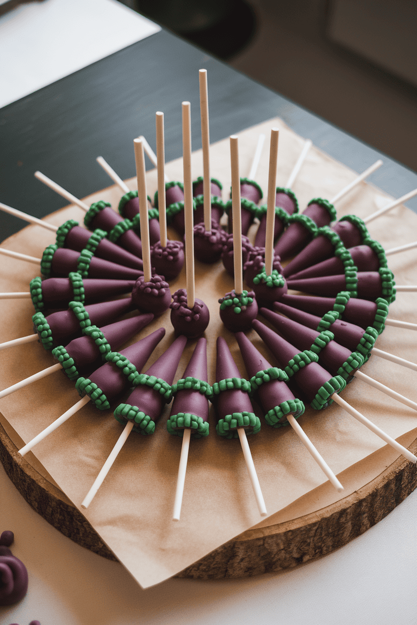 Indoor tabletop with cone-topped cake pops coated in dark purple candy, green candy belts at the brim, set on a parchment-covered wooden board; no logos or text. Photo.
