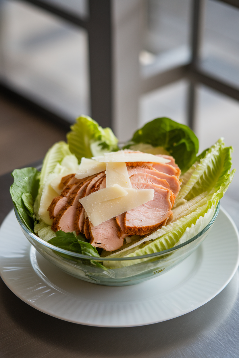 Photo of romaine leaves lined on an indoor plate, filled with sliced turkey, shaved Parmesan, and light Caesar dressing. No text or logos.