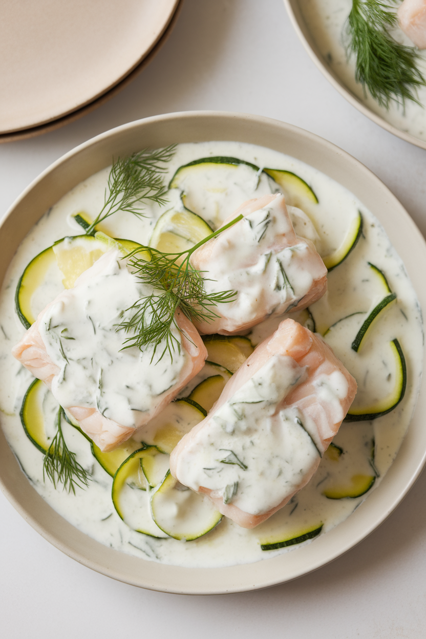 Indoor plate of cod and zucchini ribbons coated in pale lemon yogurt sauce, dill sprigs on top. No text or logos.